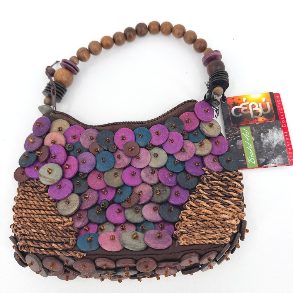 Cebu Signature Collection Wood Bead Disc Purse Boho Purple Brown Small Handbag